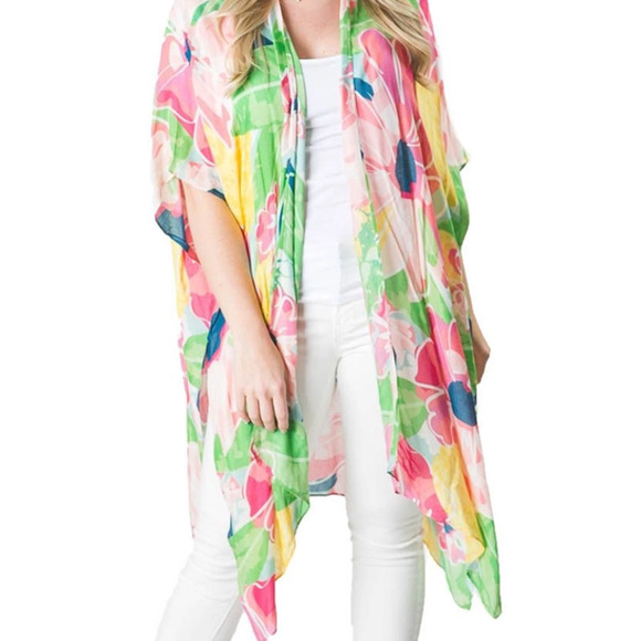 Kari Printed Lightweight Kimono Wrap Shawl Pink Green Yellow Pineapple Blossoms - Picture 1 of 3